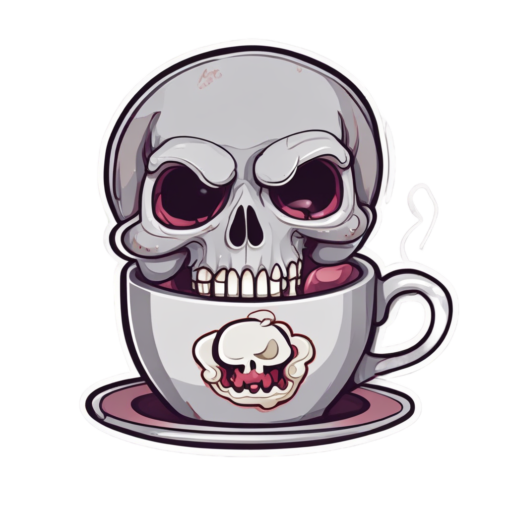 A gray kawaii skull holding a coffee cup with a snarl.