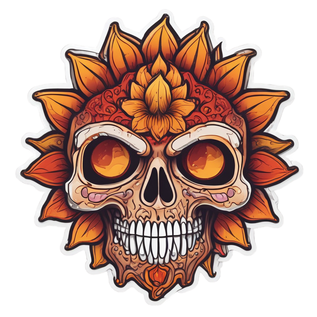 Kawaii angry sunflower skull with spiky petals, dark red and orange die-cut sticker
