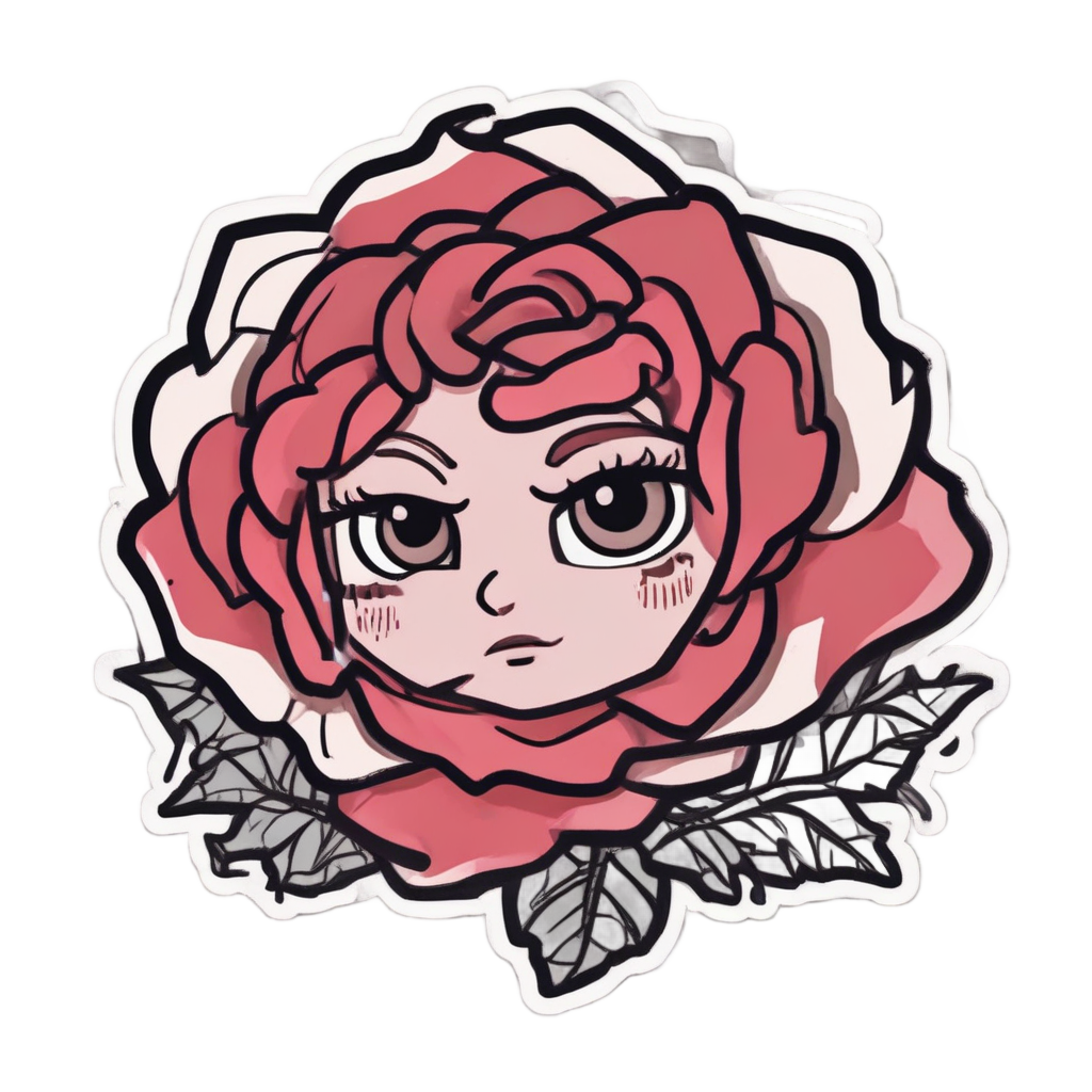 A dark red rose with angry eyebrows and crossed arms surrounded by thorns