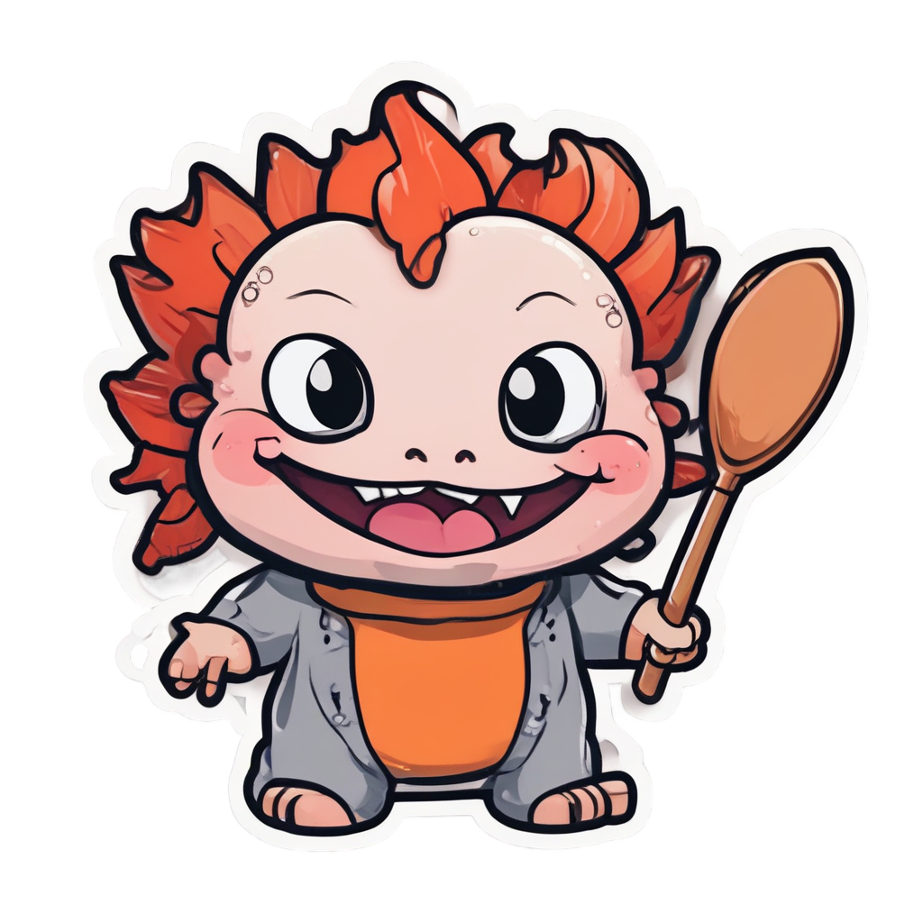 Angry chibi axolotl chef holding spoon and frying pan in bold red line art