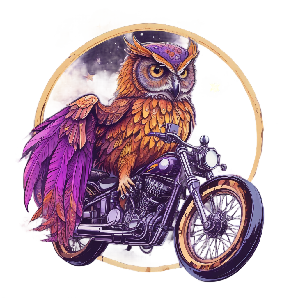 Neon owl perched on a chopper under a starry sky