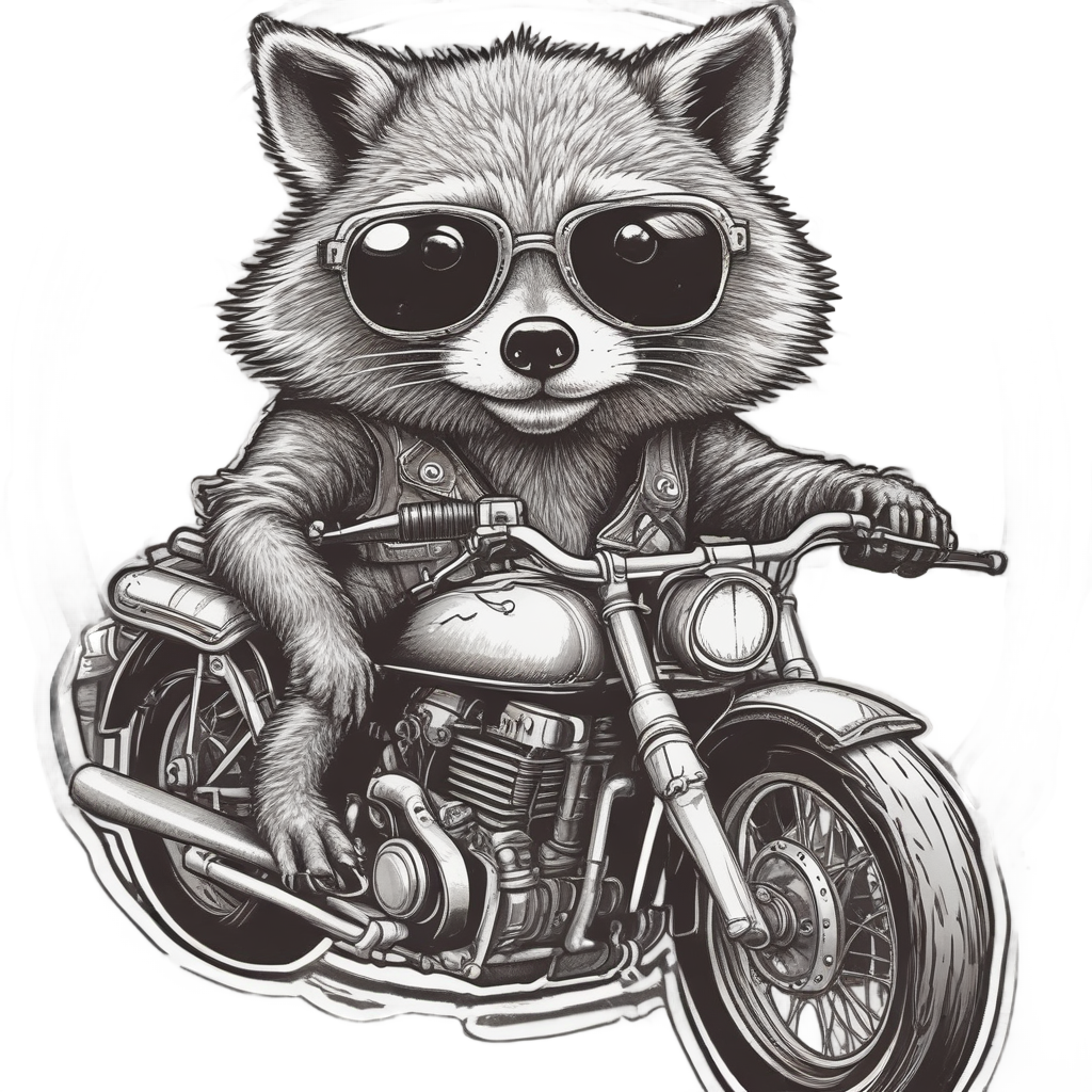 Line art of a raccoon in a leather jacket riding a vintage motorcycle