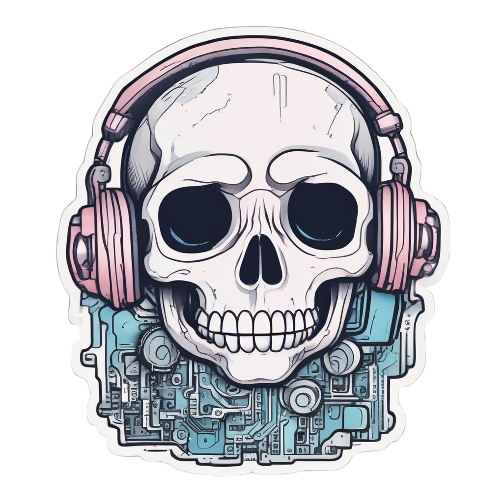 Chibi skull with headphones and floating circuit music notes in pastel lineart