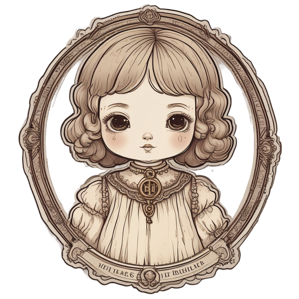 A lineart antique doll with a brass key and cracked smile.