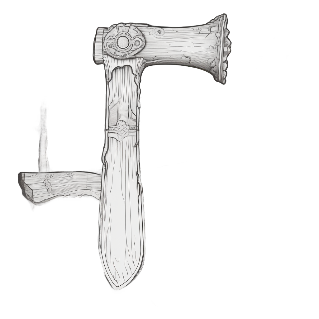 Lineart sticker of an antique hatchet on a log