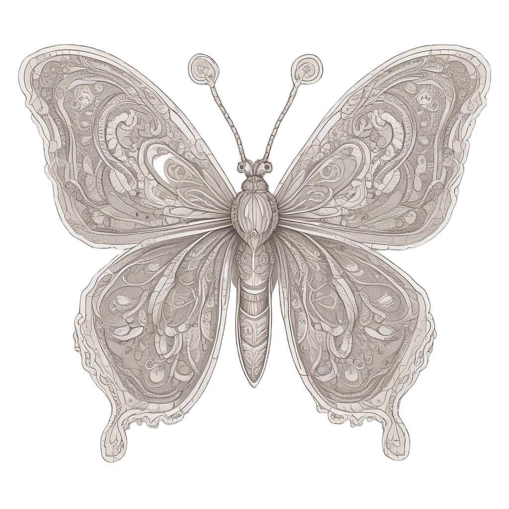 A fine-line butterfly with vintage lace wings in sepia and cream