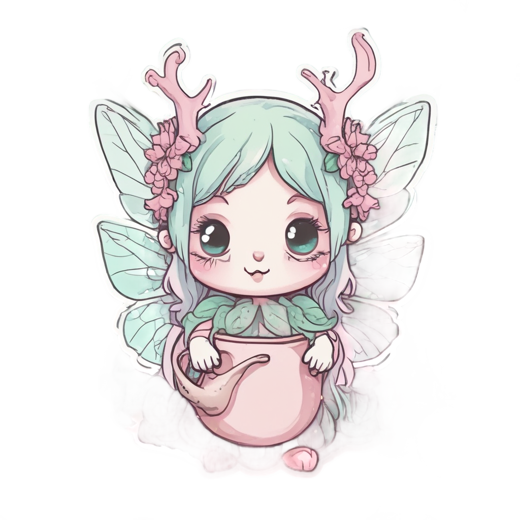 Kawaii fairy sprite with antler butterflies, pink and mint green