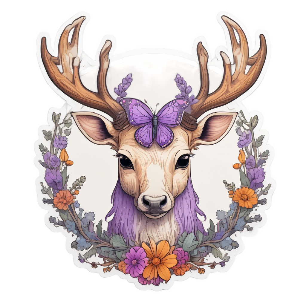 A kawaii antler crest with a butterfly in purple and orange