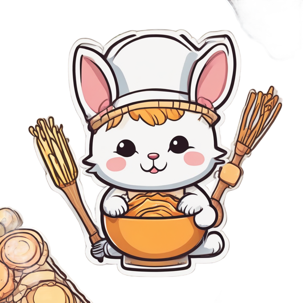 Kawaii orange cat chef with whisk antlers holding a bowl, warm yellow