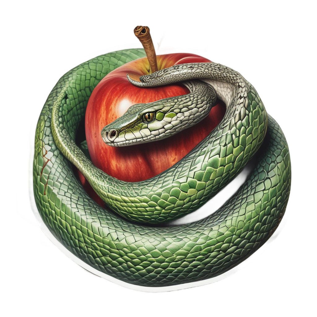 A green snake wrapped around a red apple on white background