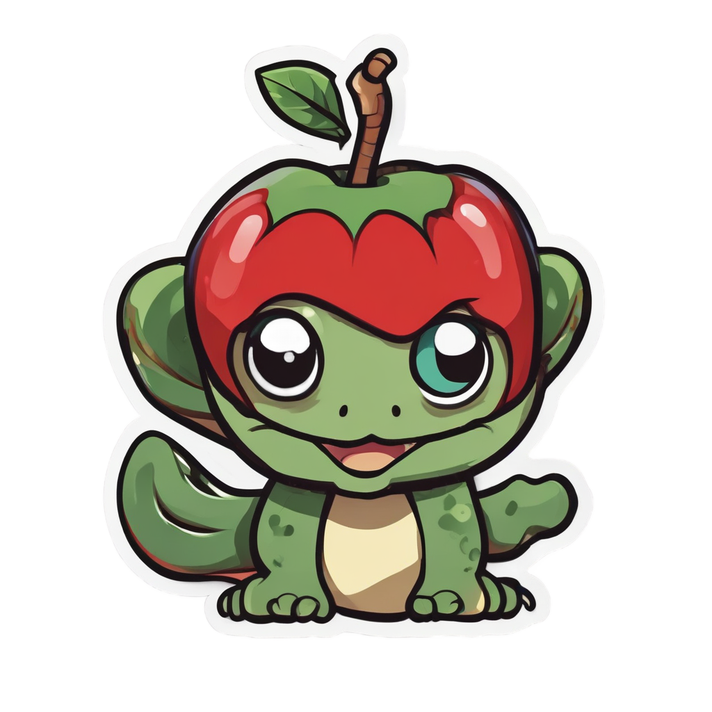 A kawaii snake standing upright balancing an apple on its head with a proud smile.