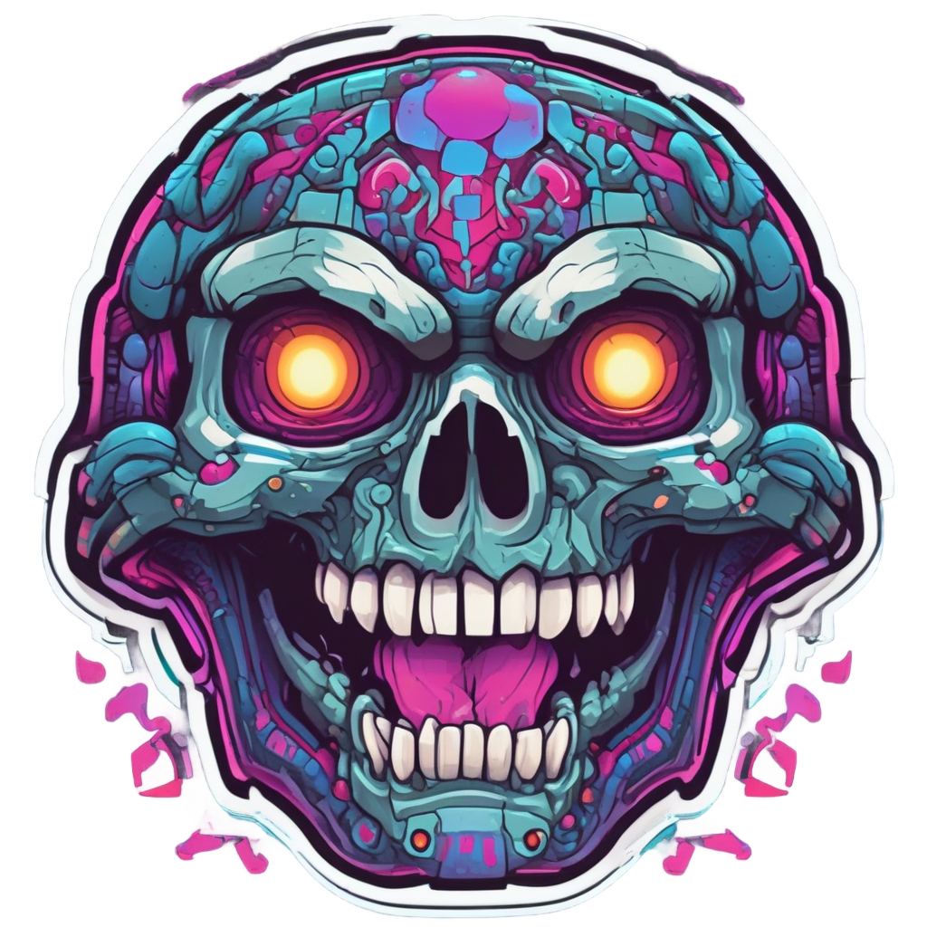 A pixel-art snake skull with glowing neon colors and flicking tongue