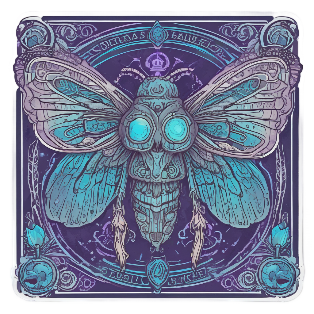 Dark purple lineart death's-head moth with glowing cyan runes and magical aura.