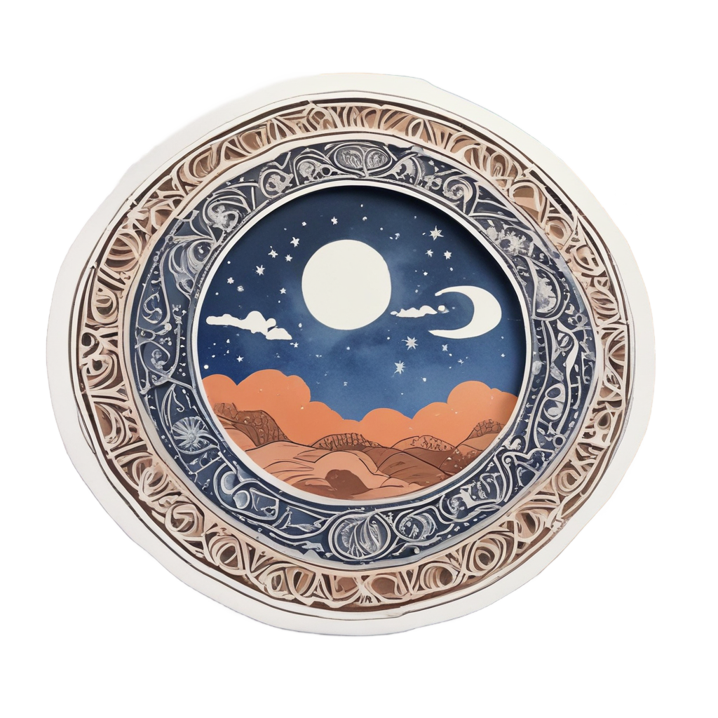 Papercut arch with crescent moons and stars against terracotta and blue