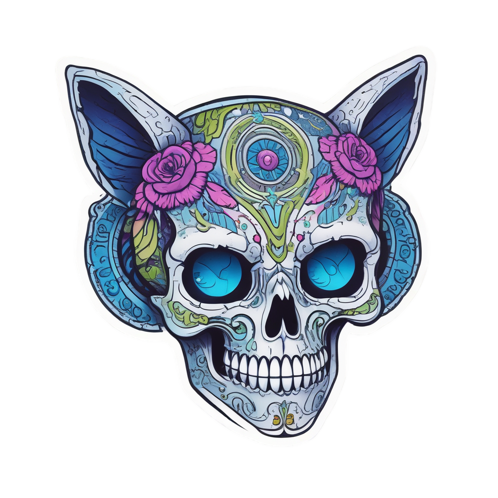 Neon cat-eared skull with moon arch tail