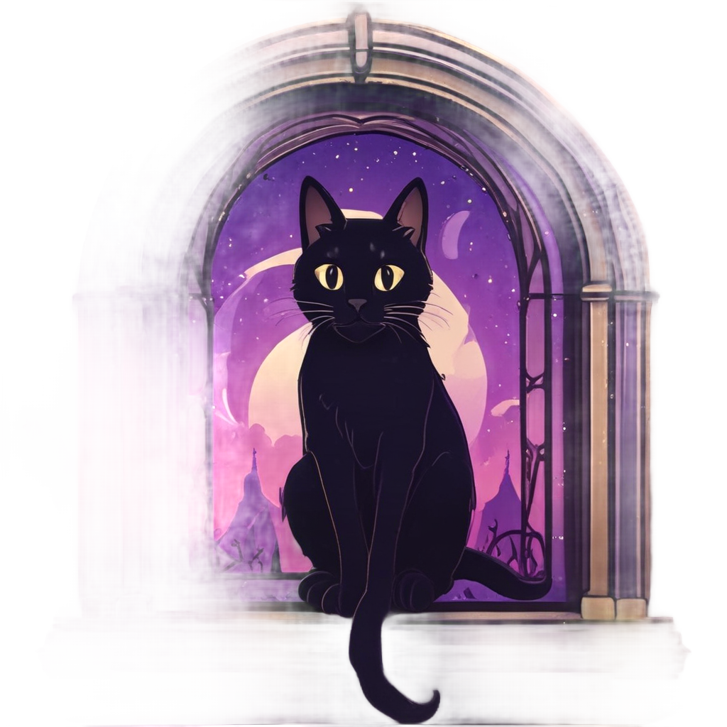 Kawaii black cat in gothic arch window with stars and moon