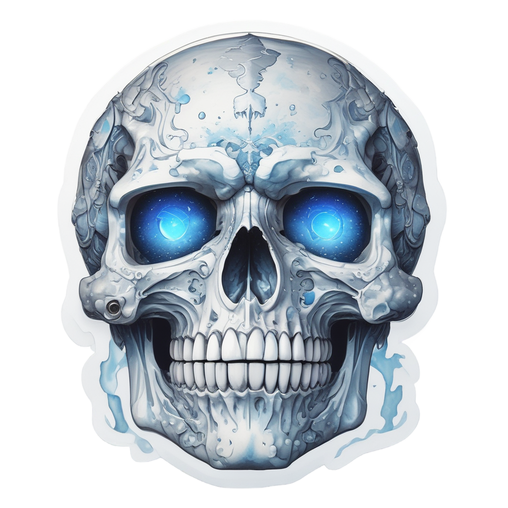 A watercolor skull in white and silver arctic camo with frost crystals