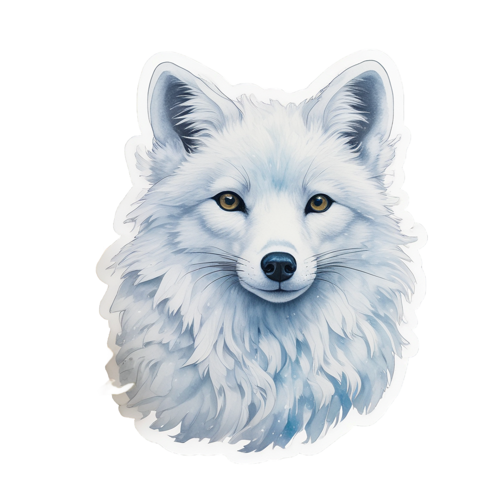 Watercolor arctic fox with camo fur peeking from snow on sticker