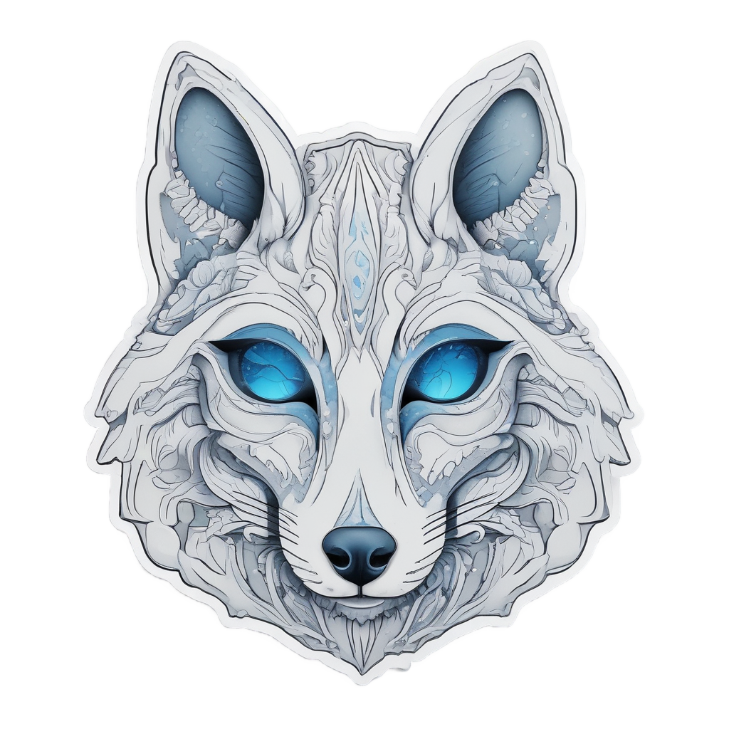 A papercut arctic fox gas mask with frosty blue lenses and ice crystal patterns.