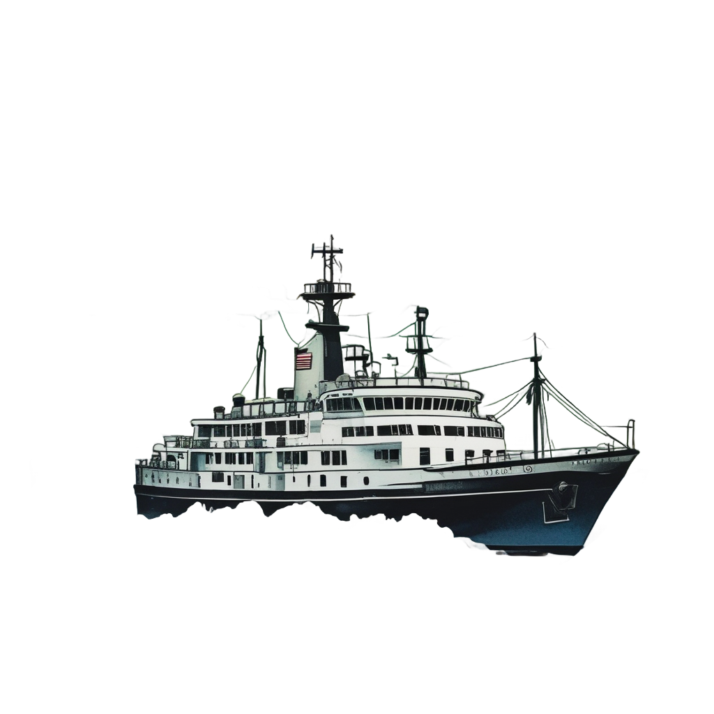 A pale blue watercolor cruiser silhouette surrounded by ice floes and an aurora.