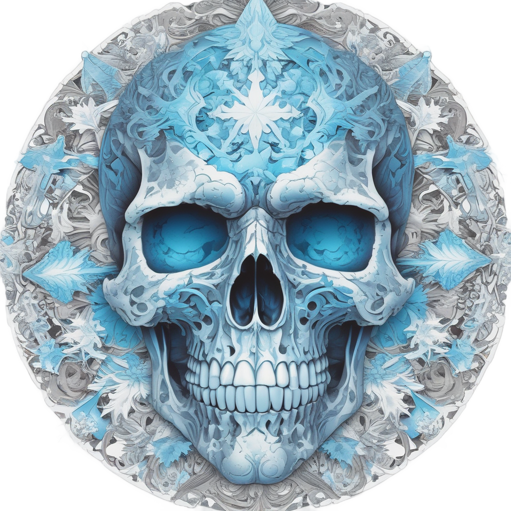 An icy blue camo skull with frost crystals and serene expression.