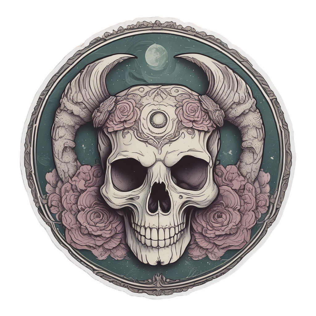 A retro boho skull with ram horns and moon arch, serene expression, dusty rose and sage tones