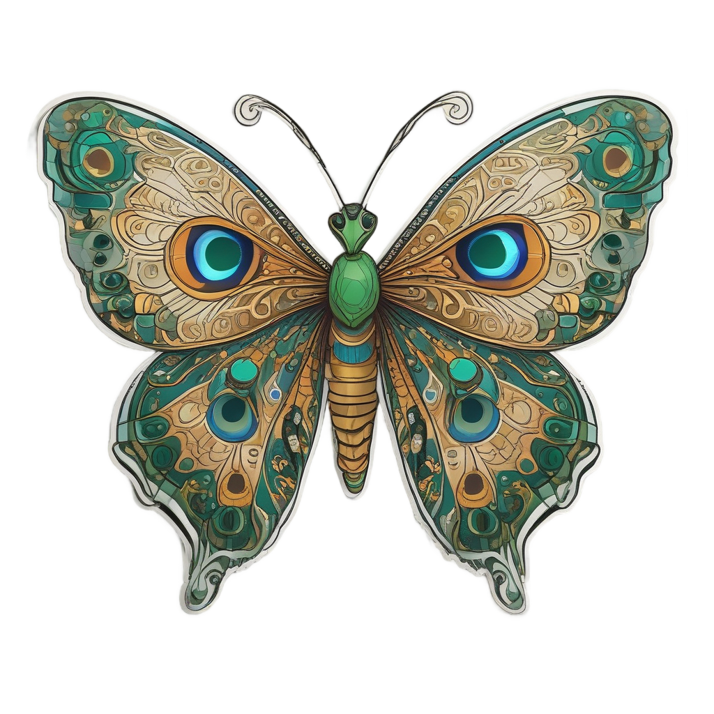 An art deco peacock butterfly calavera sticker with gold green geometric wings.