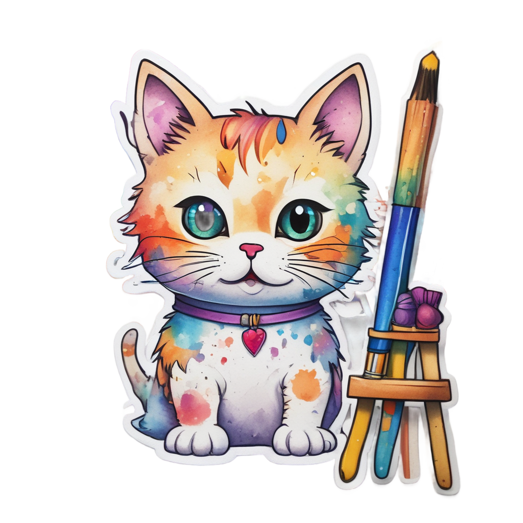 Chibi cat painter with colorful splatters and brush