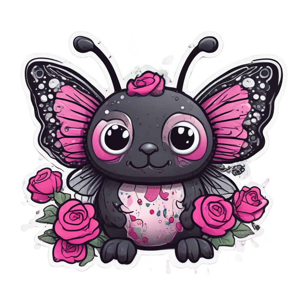 A kawaii black moth painting a rose on a canvas.
