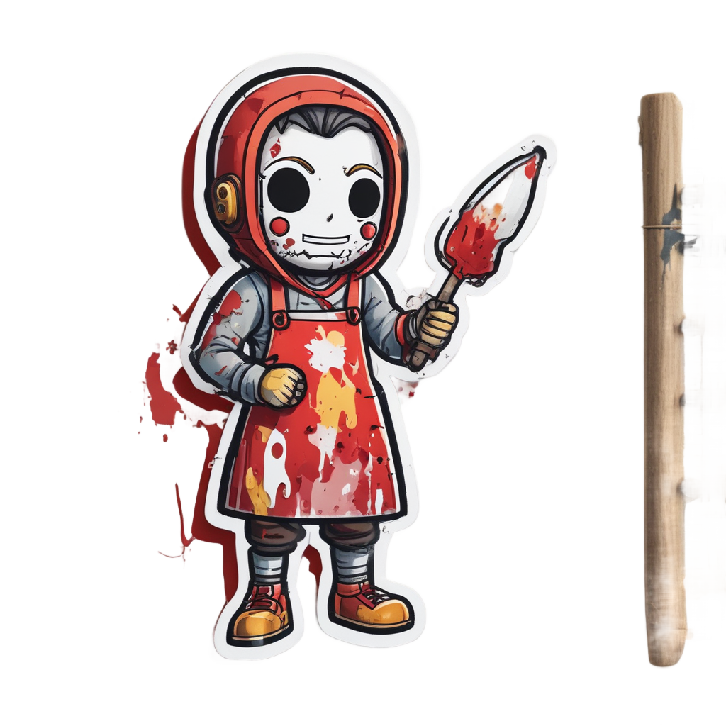 A chibi masked slasher paints a tiny self-portrait with a knife-shaped brush and blood-red paint.