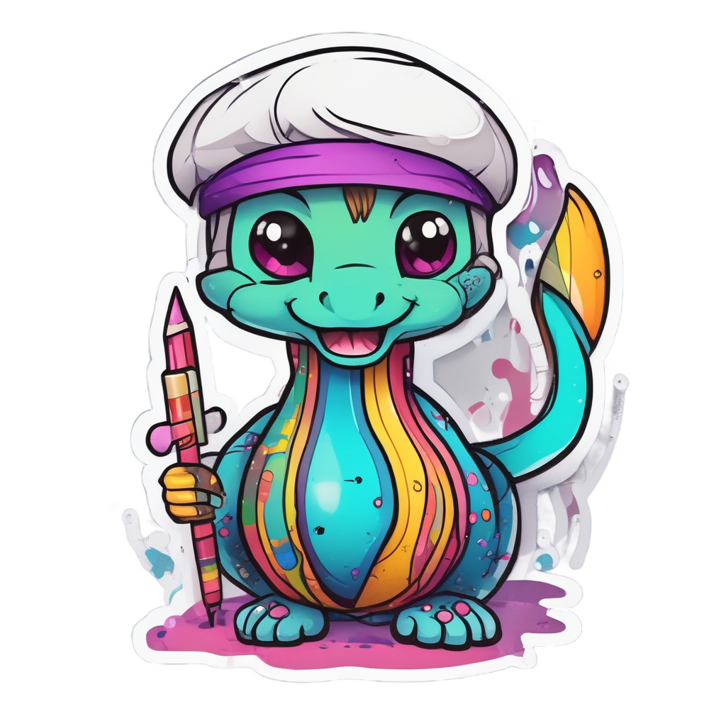 Kawaii snake in a beret painting on a tiny easel.