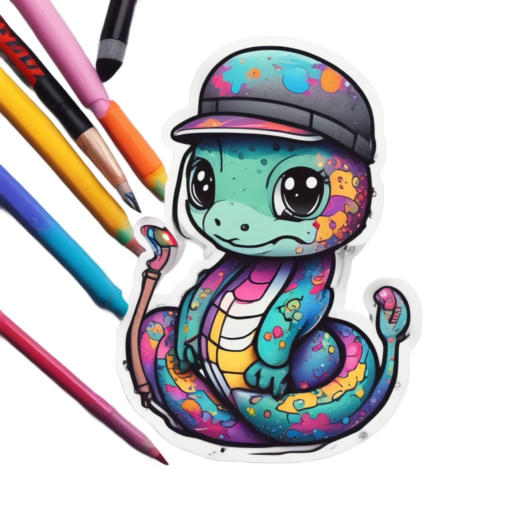 A kawaii blackwork snake artist with a paintbrush on a white background