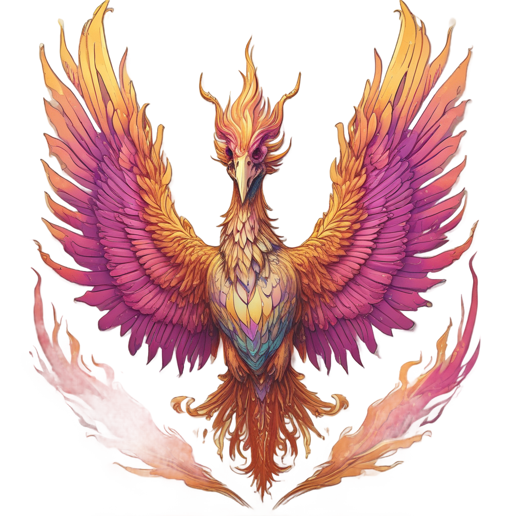 A holographic phoenix-fire skull rising upward with flaming wings and tail
