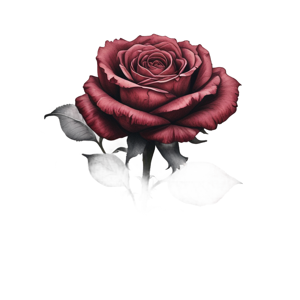 A maroon watercolor rose growing from gray ash with curling smoke wisps.