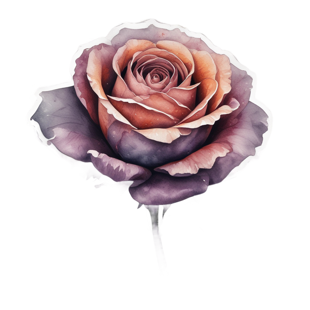 A dark rose covered in ash with ember hints, watercolor.