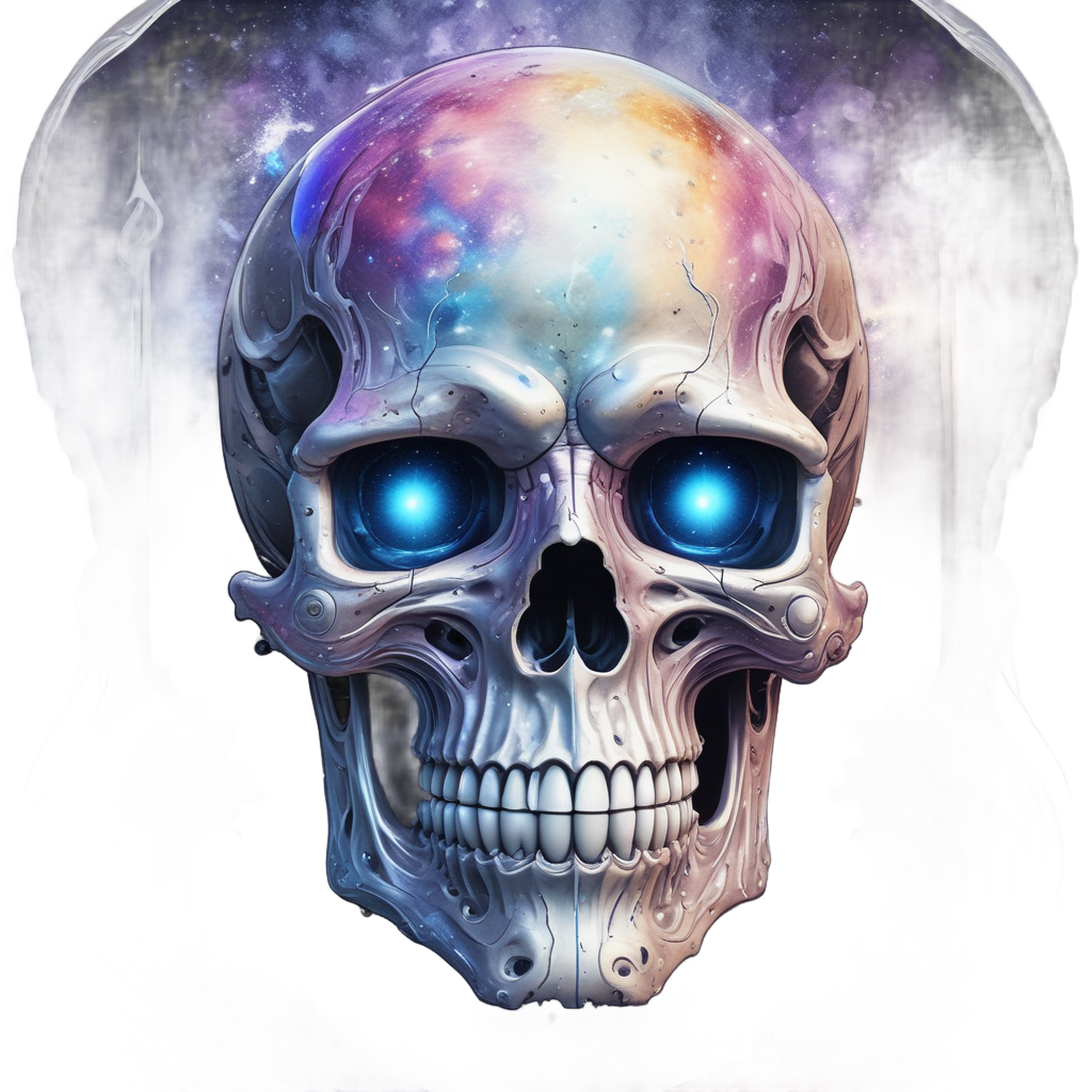 Mystical chrome piston skull with holographic galaxy pistons, die-cut sticker.