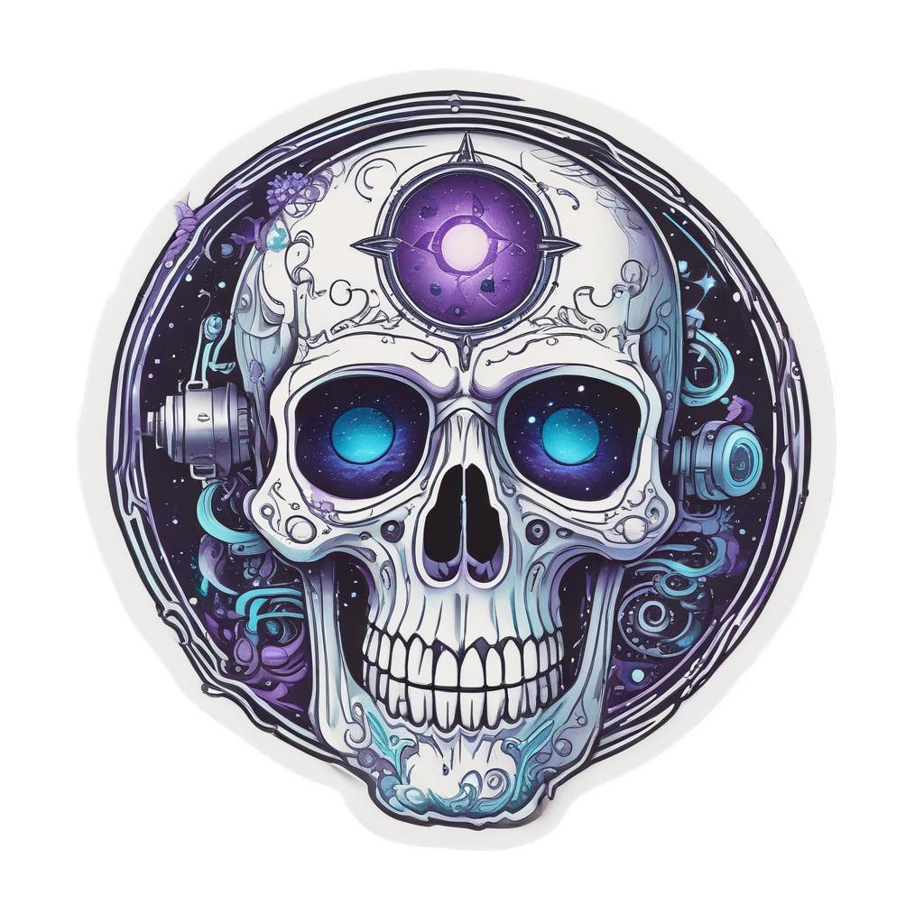 Retro skull with third eye holding a telescope against a starry background