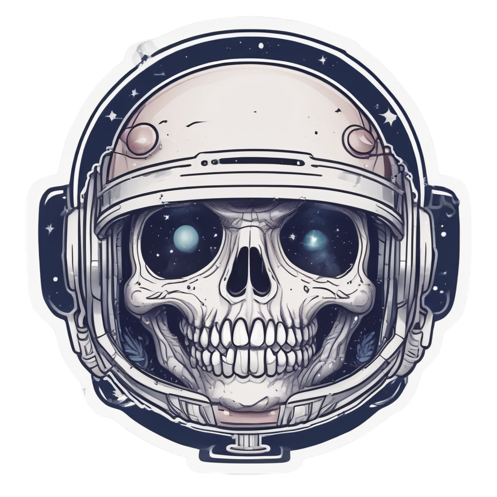 A blushing skull in an astronaut helmet in tattoo style.