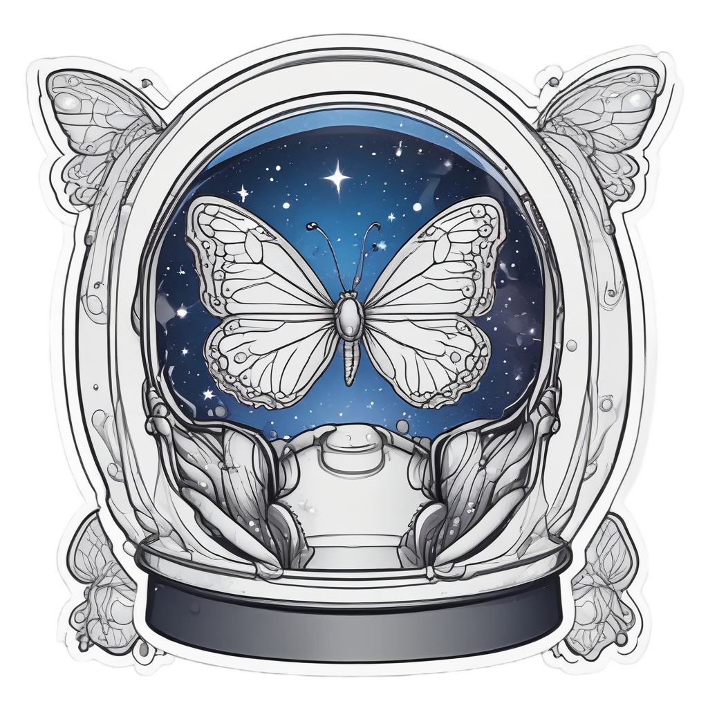 Kawaii fine-line butterfly in a spacesuit helmet with bubbles