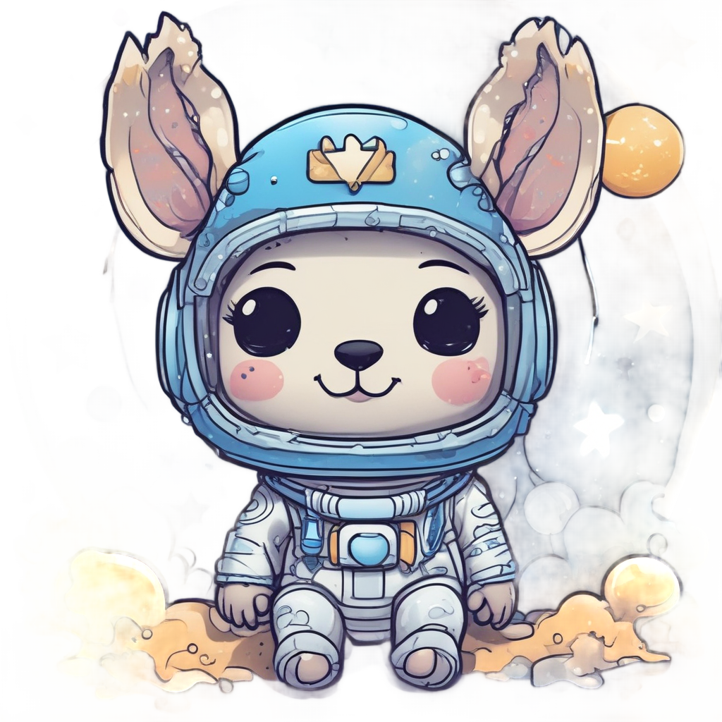 Kawaii deer in silver and blue camo spacesuit floating with stars on white