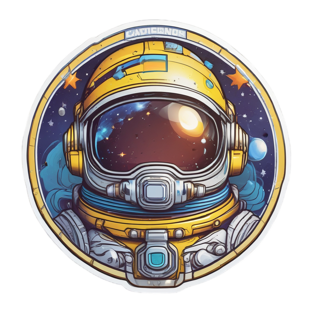 Holographic astronaut helmet with star reflection inside a yellow caution stripe badge