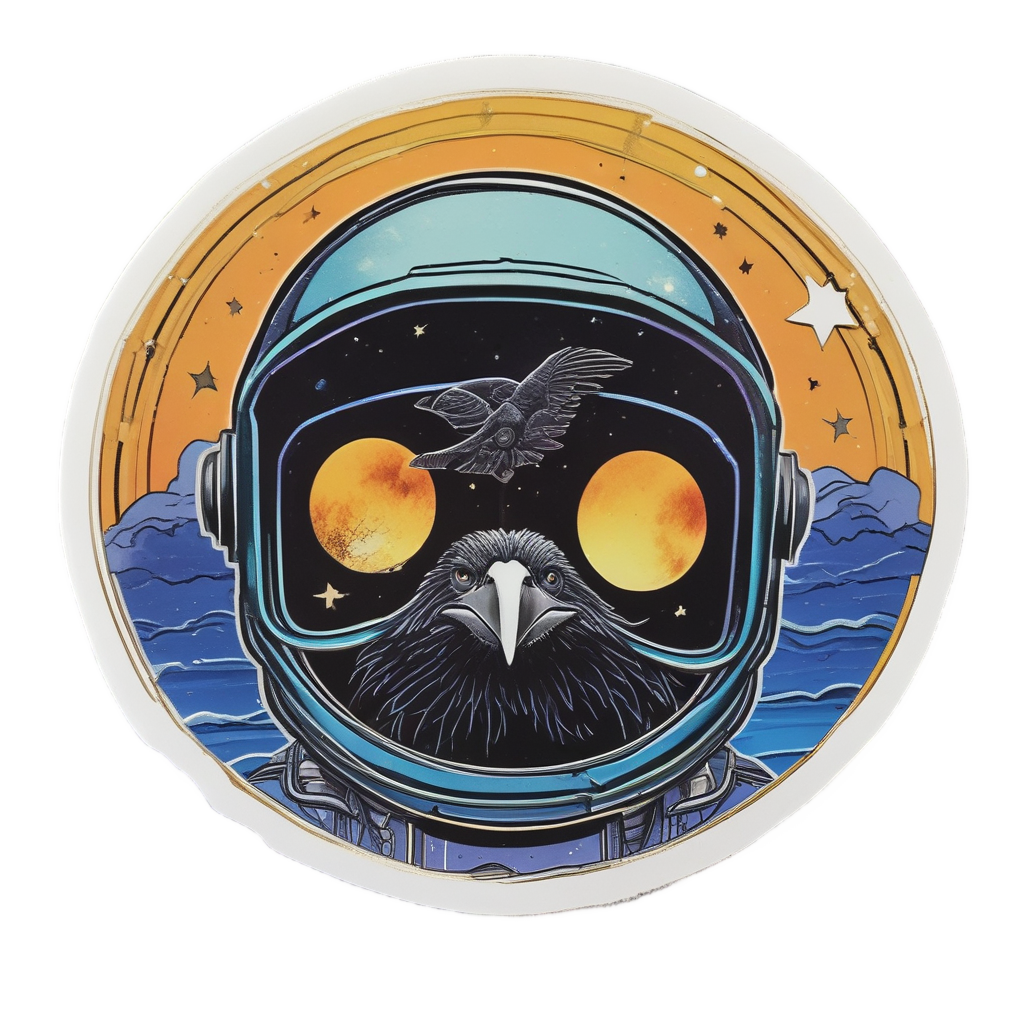 A neon crow in an astronaut helmet floats near a crescent moon in space.