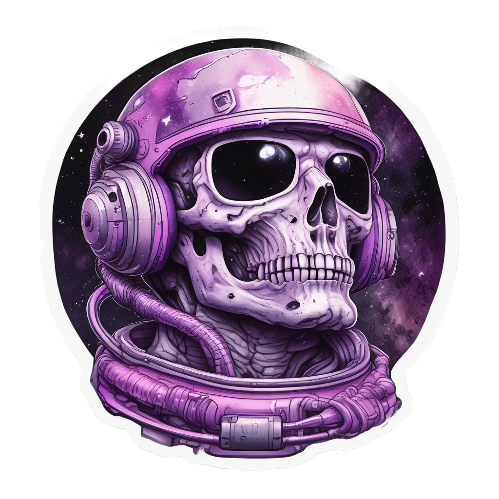 A curious synthwave skull in a space helmet with galaxy watercolor effects