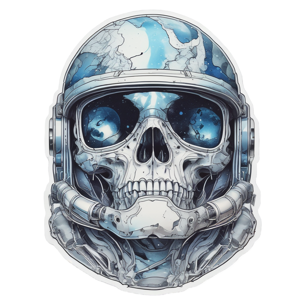Watercolor camo skull in astronaut helmet with stars.