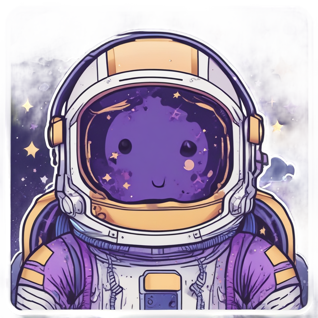 Kawaii astronaut holding a dark rose against a starry space background