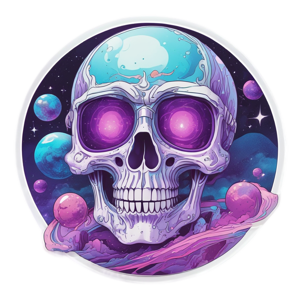 A vaporwave skull in an astronaut helmet with stars and planets in papercut style