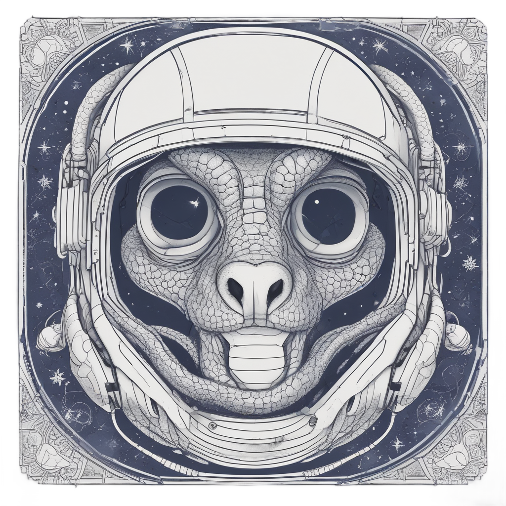 A navy lineart snake wearing a space helmet with starry details.