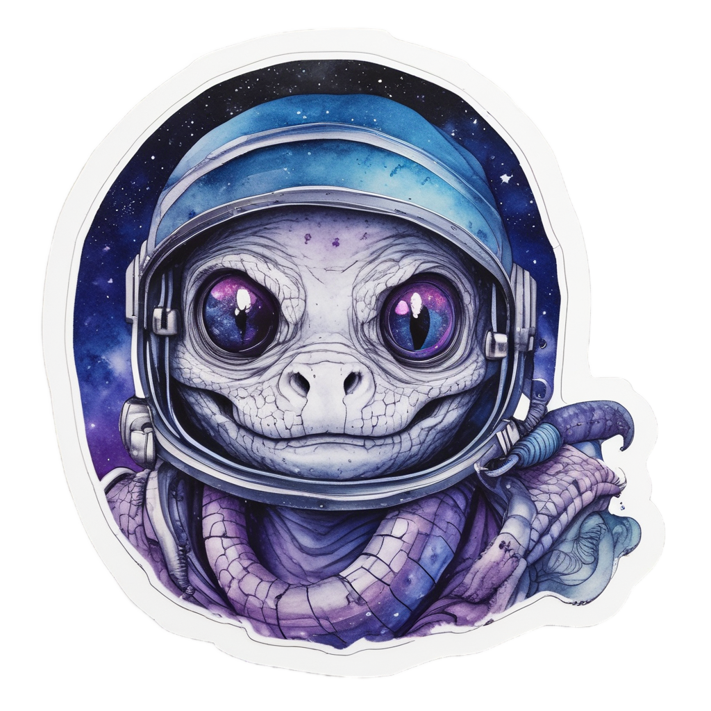 A silver snake with astronaut helmet in starry space watercolor.