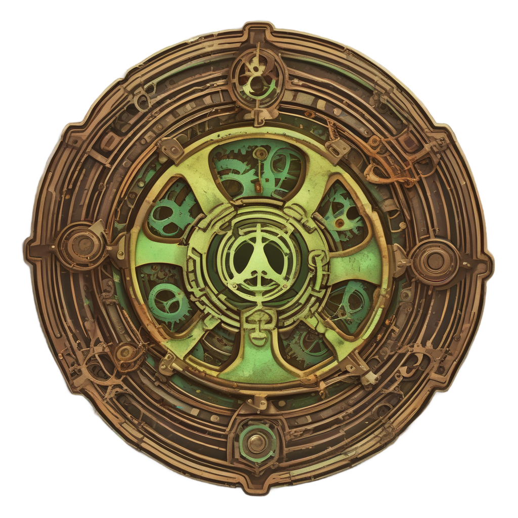 A steampunk gear system with a glowing biohazard symbol at its center