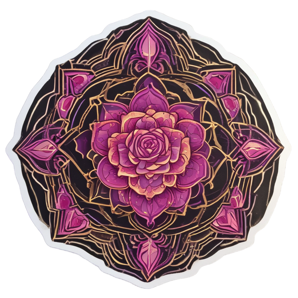 A dark rose surrounded by a neon pink and gold aura halo, petals forming sacred geometry patterns.